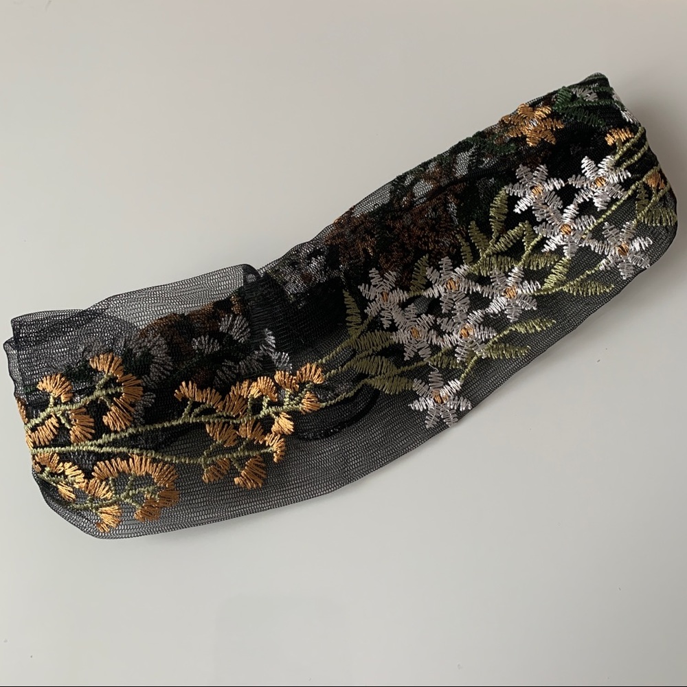 Cottagecore Embroidered Floral Mesh Stretch Headband in Black - Hair Accessories
